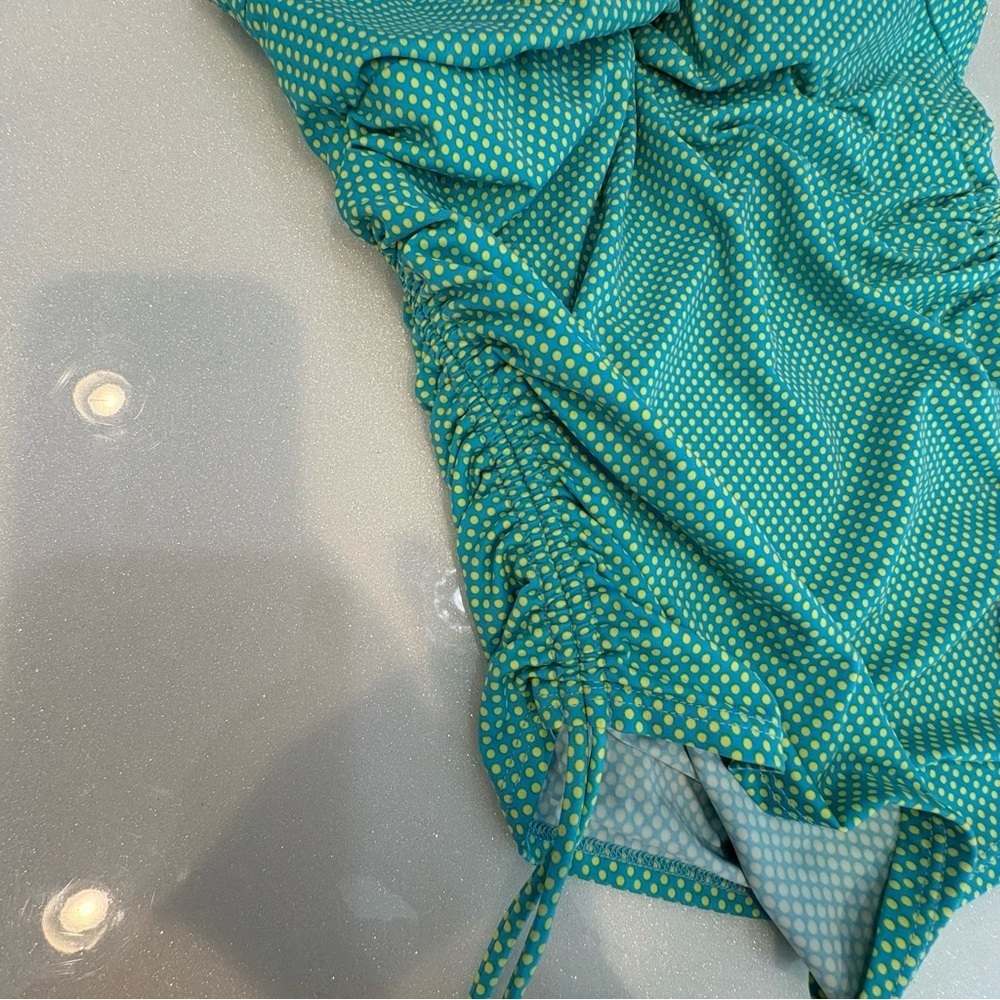 Prego Swimsuit Tank Top Teal Lime Green Polka Dots Cinch On Sides Made In USA - Picture 4 of 10